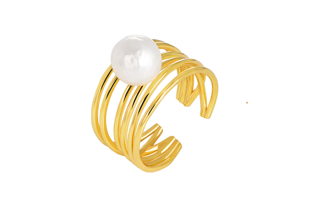 Anillo dorado líneas más perla 8mm