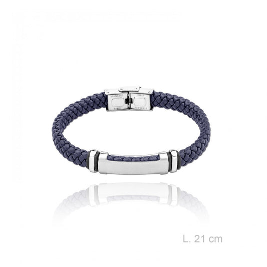 Pulseras Cuero Trenzado Azul Placa