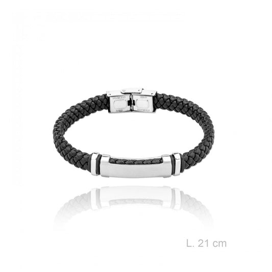 Pulsera Cuero Trenzado Negra Placa