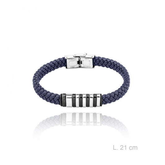Pulsera Acero Cuero Trenzado Azul Rayas